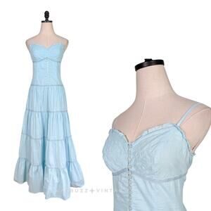 Vintage Maxi Dress 8 Blue Cotton Cottage Peasant 90s Y2K Newport Empire Boho